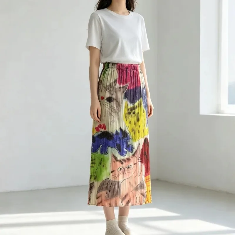 Miyake Pleated 2026 Original Summer New Digital Print Straight Small Fashion Pleated Casual Elegant Comfortable Versatile Skirt