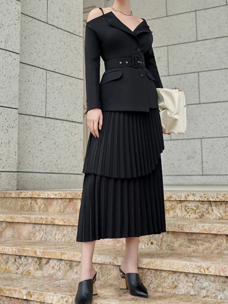 2024 Spring New Fashion V-neck Open Akimbo Belt Coat Patchwork Pleated Irregular Skirt Two Sets