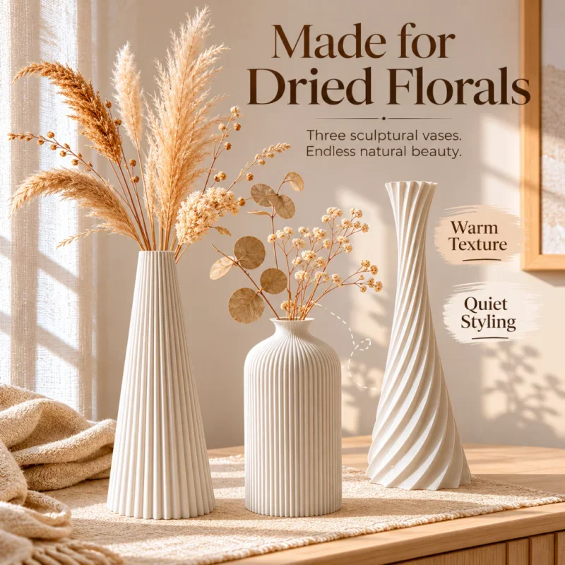 3-teiliges Geripptes Vasen-Set Matt Off-White 3D-Gedruckt PLA Wabi Sabi Minimalistische Vasen für Wohnzimmer-Regal Getrocknete Blumen Wohndekor G