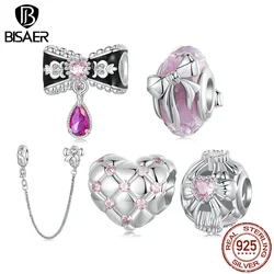 BISAER 925 Sterling Silver Romantic Bow Charm Bow Safety Chain Silicon Heart Diamond Pattern Bead for DIY Bracelets Fine Jewelry