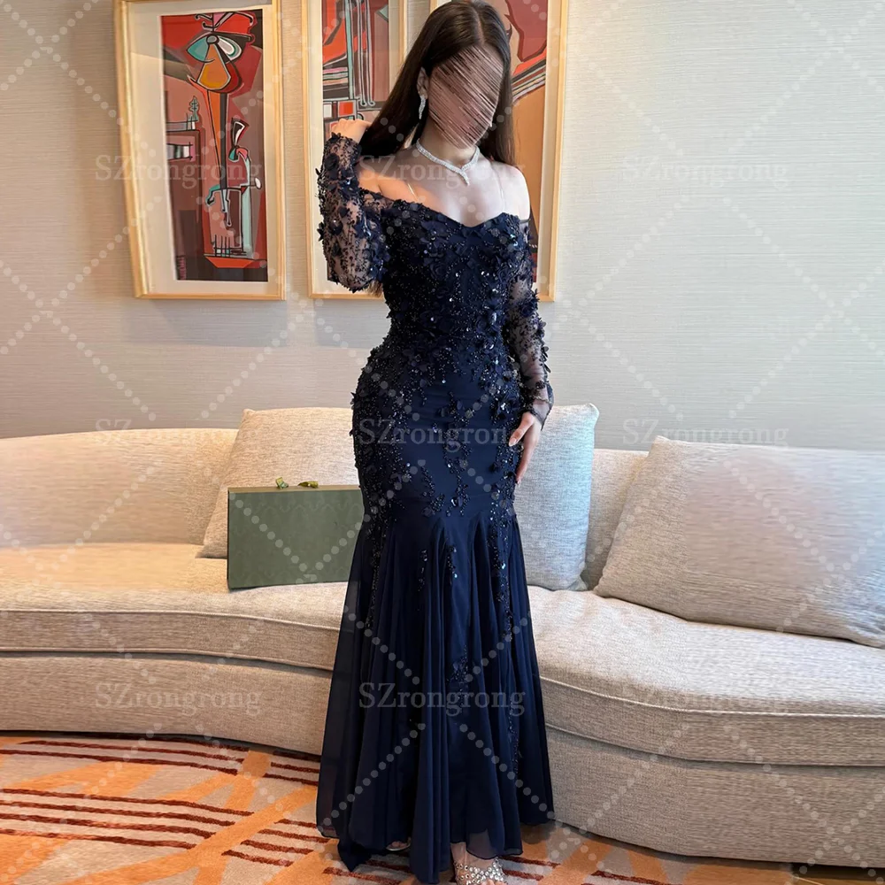 

Custom Made Black Off Shoulder Sequins Floral Lace Backless Saudi Arab GownSheath Maxi Length Prom Party Dress with Long Sleeve