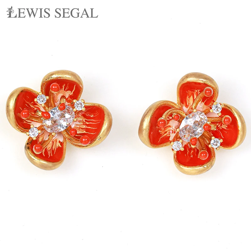 

LEWIS SEGAL 3D 4-petal Flower Earrings for Women Girls Luxury Medieval Style Fine Jewelry Enamel Rhinestone 18K Gold Plated