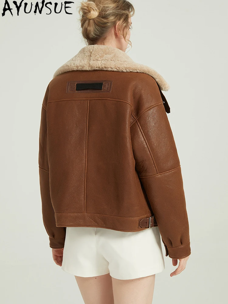Ayunsue jaqueta de couro real de pele de carneiro feminina casaco de pele natural à prova de frio jaquetas de motocicleta mulher roupas de inverno 2025 streetwear