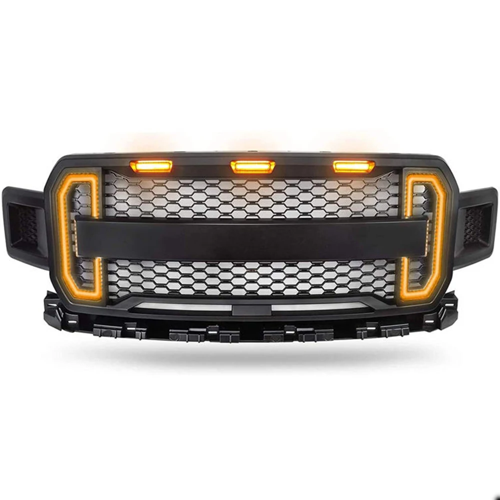 For Ford F150 2018~2020 Pickup Exterior Parts Raptor Style Front Car Grille With 3 Amber Lights And Switchback LED Turning