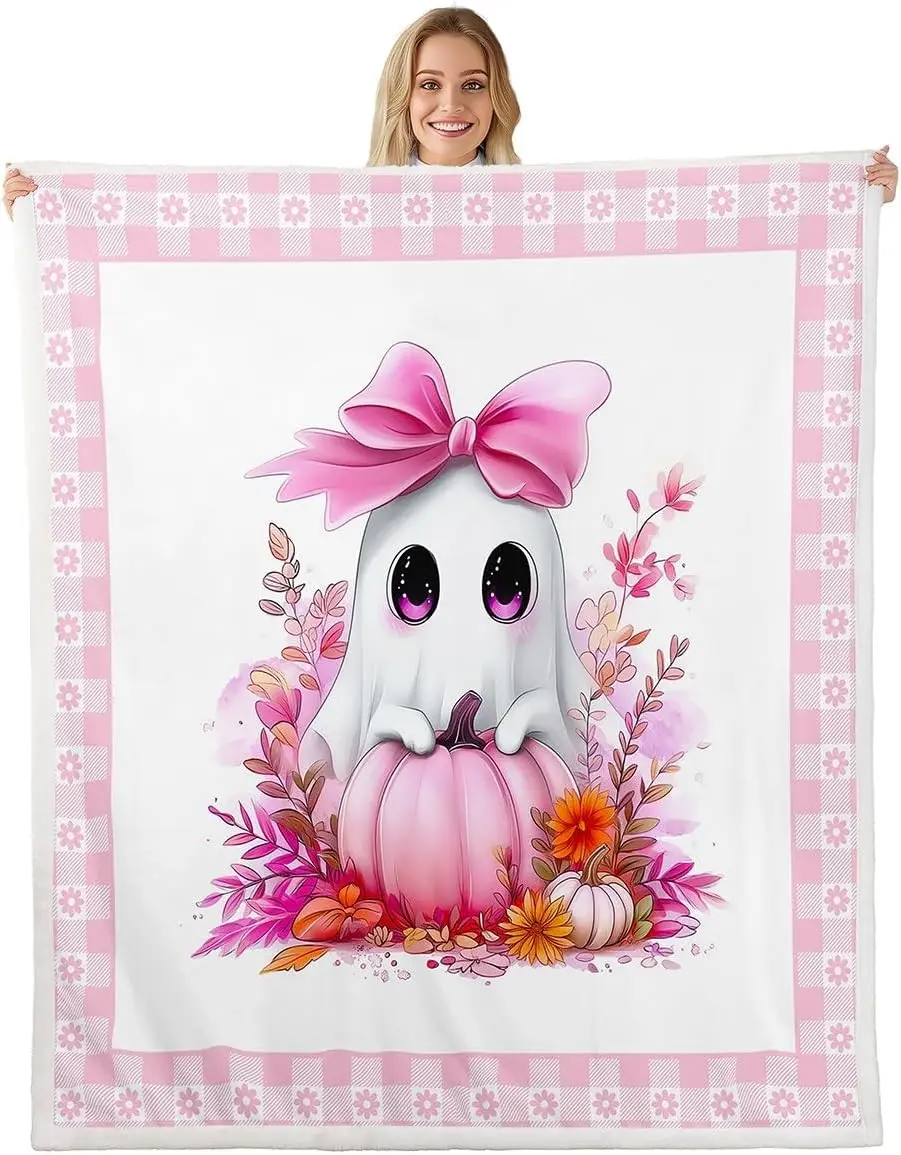 Manfei Cute Ghost Throw Blanket Fall Pumpkin Flower Leaf Fleece Blanket Pink Plaid Halloween Cozy Throws for Bed Couch Sofa,Kids Boys Girls Room Decor,Soft and Breathable(50 x 60 Inches)