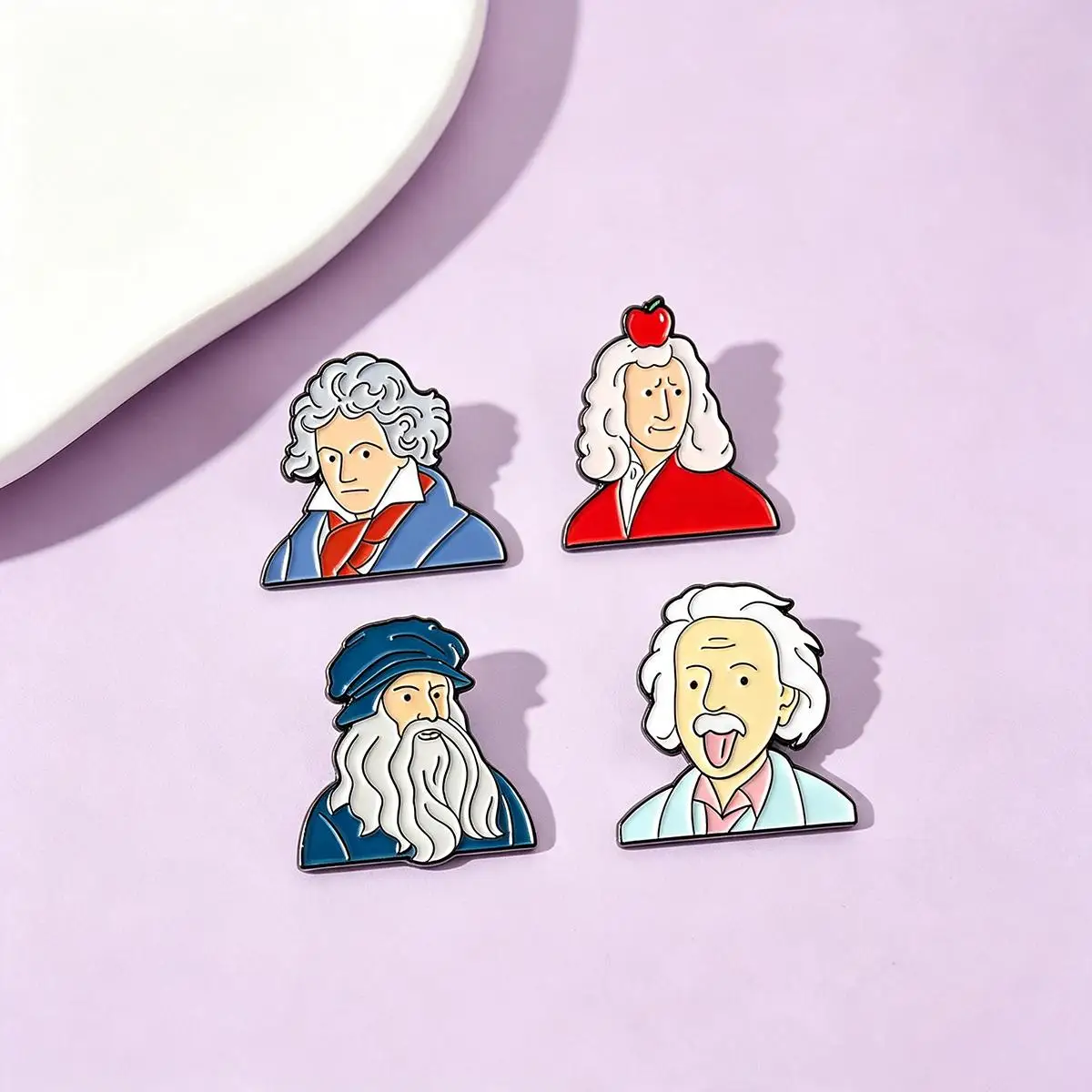 4Pcs Classic Historical Celebrity Enamel Brooch Cartoon Newton Einstein Metal Badge Lapel Pin Cosplay Jewelry Accessories Gifts