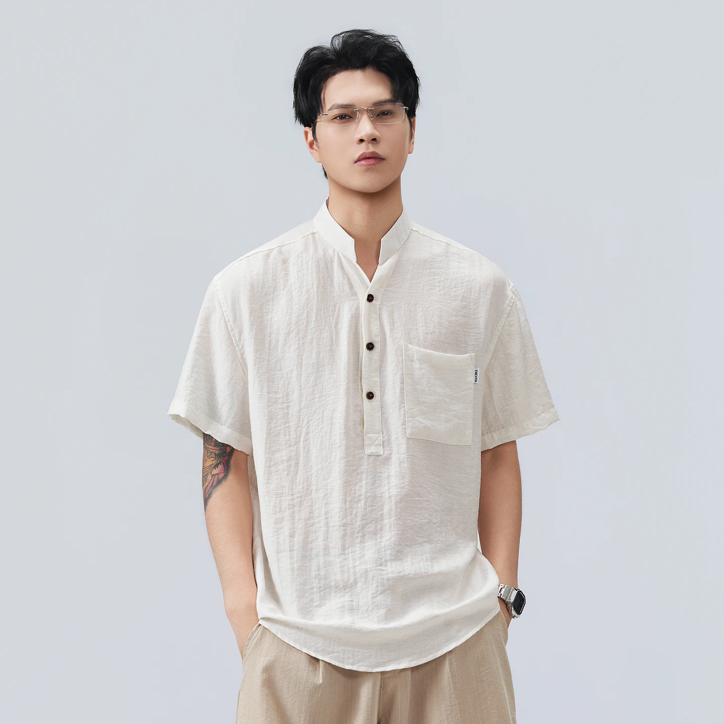 Summer New Style Men's V-neck Fashion Linen POLO Shirt Top- Simple and Casual with Plain Texture