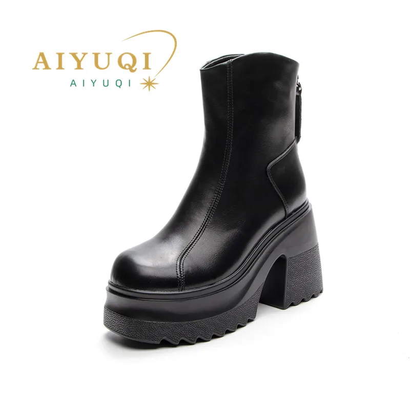 AIYUQI Women High Heel Boots Genuine Leather 2024 New 10cm Heel High Women\'s Booties Platform British Style Fashion Boots Women