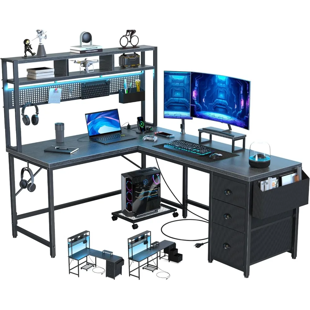 

Gaming Desk Computer with Pegboard & Shelves Large L Shaped with Drawers, Gaming with Power Outlet & LED & Monito