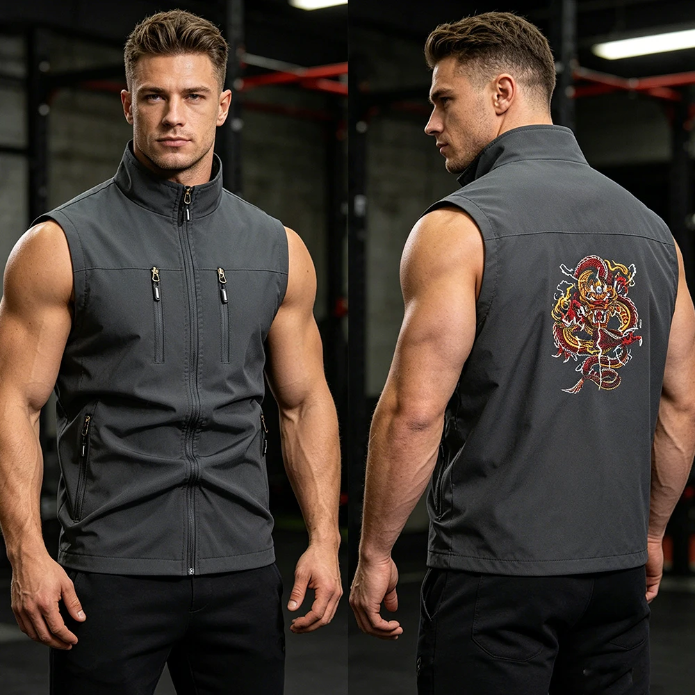 

Men's Black Sleeveless Tactical Vest Jacket Outdoor Casual Utility Streetwear Multi-Zipper Pocket Waistcoat Chinese Dragon Print