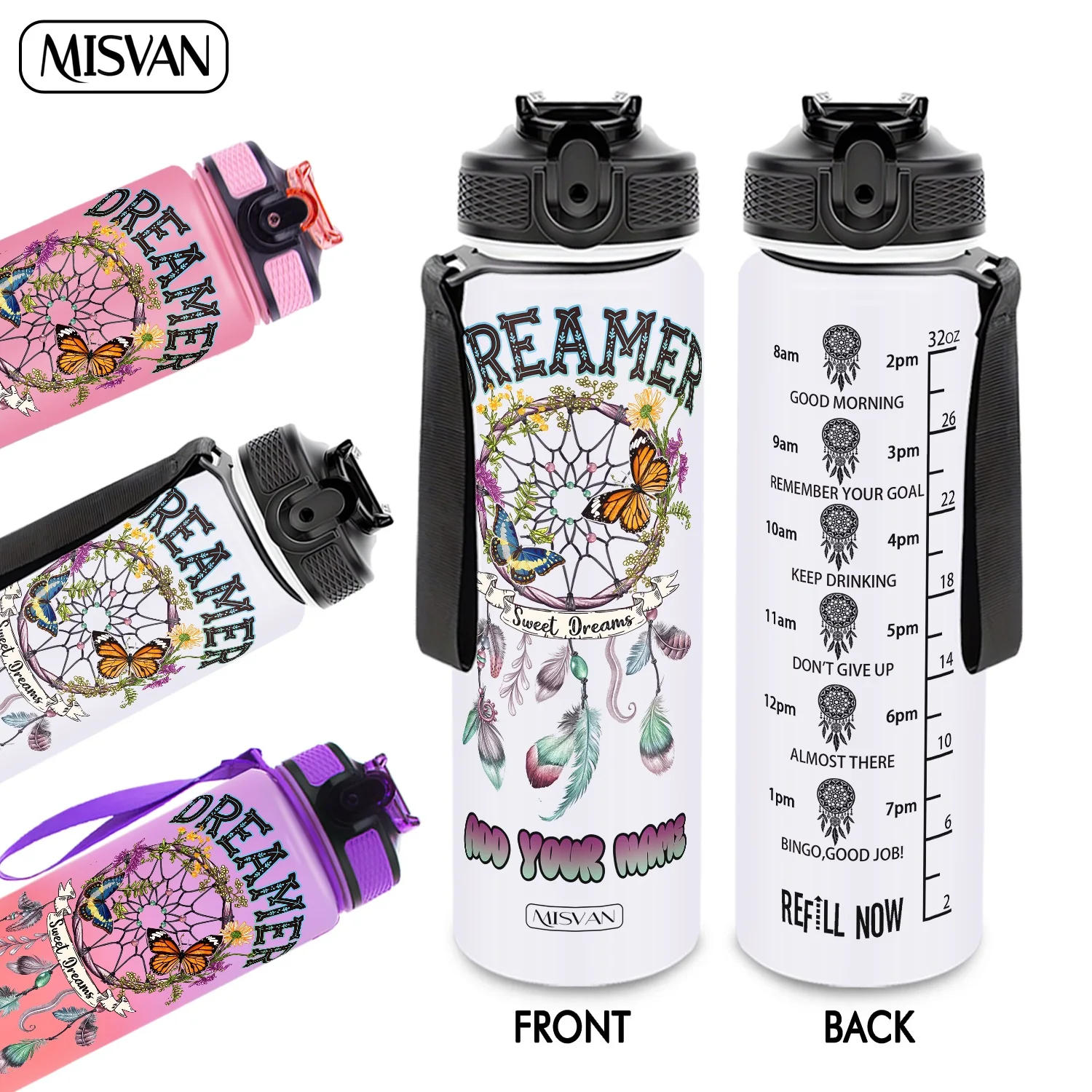 

Бутылка для воды 32 унции с градиентным дизайном, узором «Ловец снов» и цветами, непротекаемая, с HD-печатью без отслаивания, идеальна для спорта