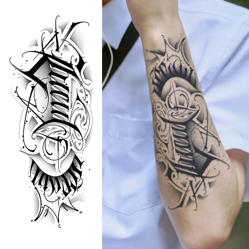 1 Stück abgerundete Schriftart, wasserdichtes temporäres Tattoo, langlebig, 1–2 Wochen, realistisches semi-permanentes Fake-Tattoo