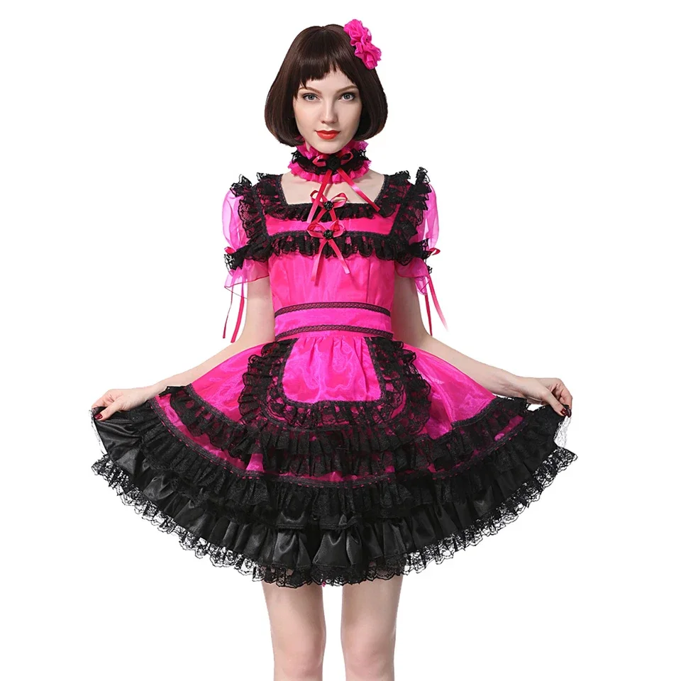 

Sexy French maid sissy girl pomegranate red satin lockable fluffy dress cosplay costume Halloween party customization