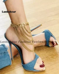 Blue Denim High Heel Slippers Women's Open Toe Mules Thin High Heel Sandals Banquet Sexy Women Sexy High Heels Summer Shoes