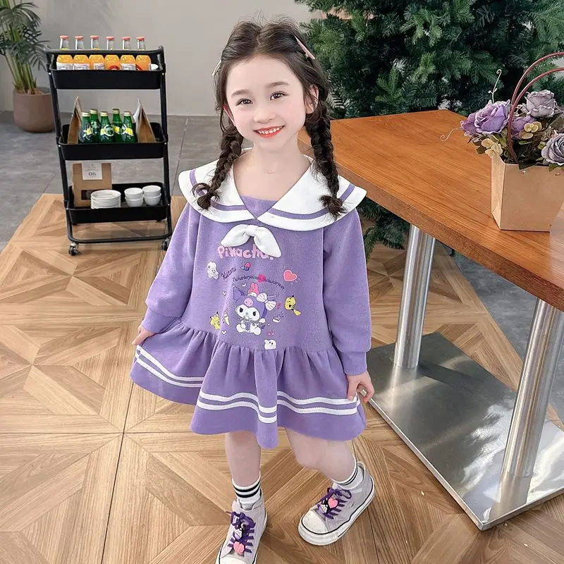 Kawaii Sanrios Kuromi Kids Long Sleeve Dress Girls Preppy Pleated Skirt Navy Neck Fashion Sweet Princess Dress Kids Clothes Cute