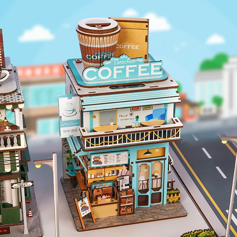 DIY Wooden Cape Cafe Store Miniature Building Kits City Street View 3D Assembled Dollhouse Desktop Storage Room Friends Gifts