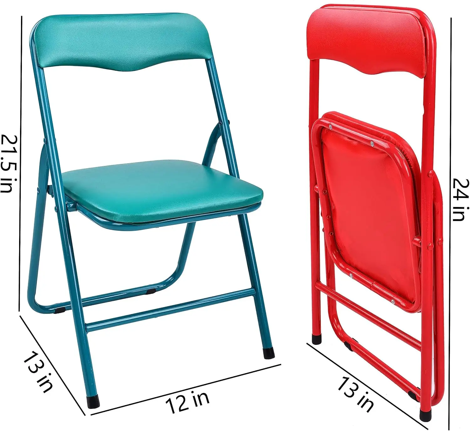 Cadeiras dobráveis acolchoadas para crianças, espuma de metal, tecido e vinil, verde e vermelho, pa de 2