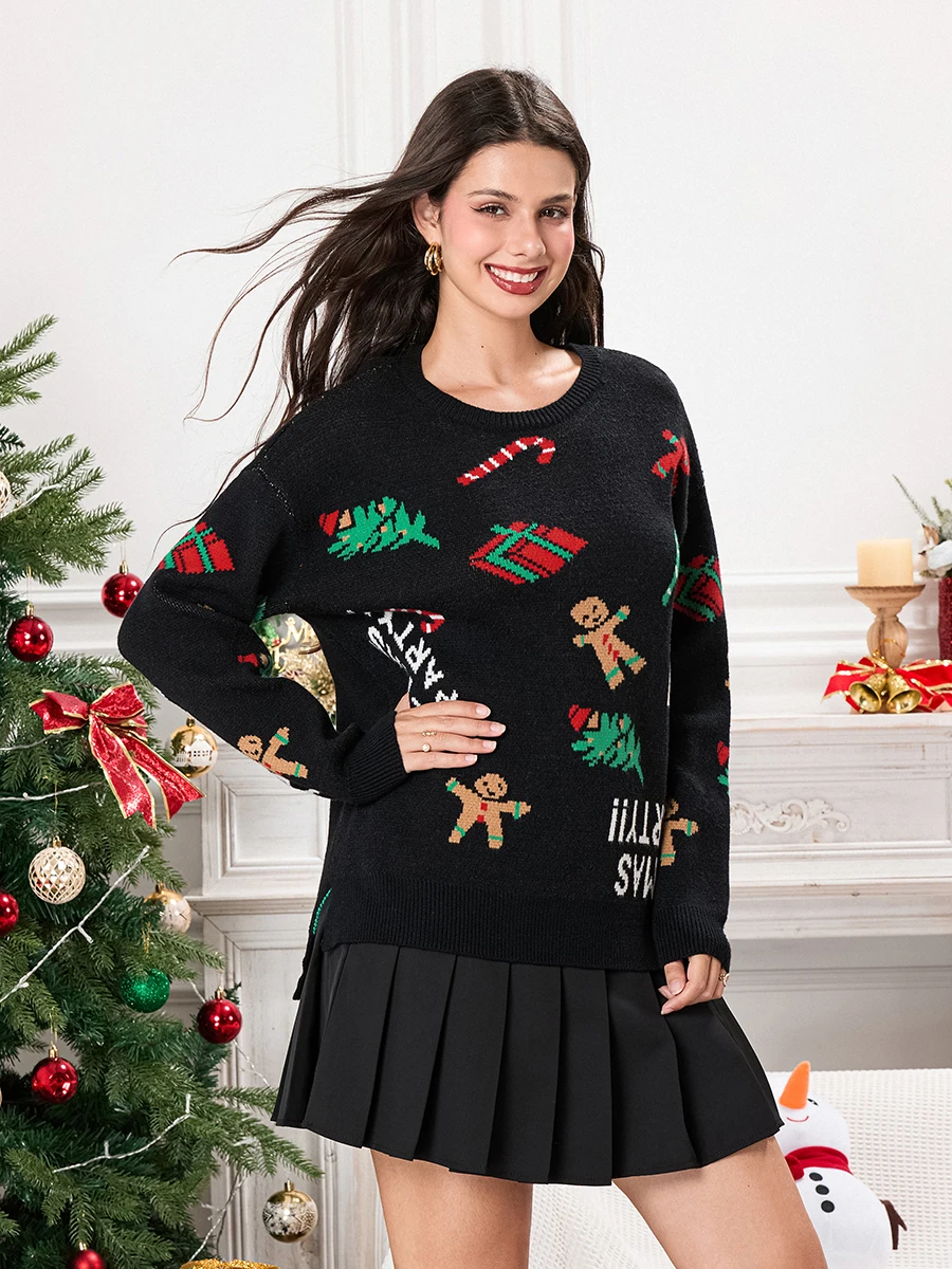 Women s Christmas Ribbed Sweaters Tree Gingerbread Man Pattern Drop Shoulder Long Sleeve Round Neck Knit Tops