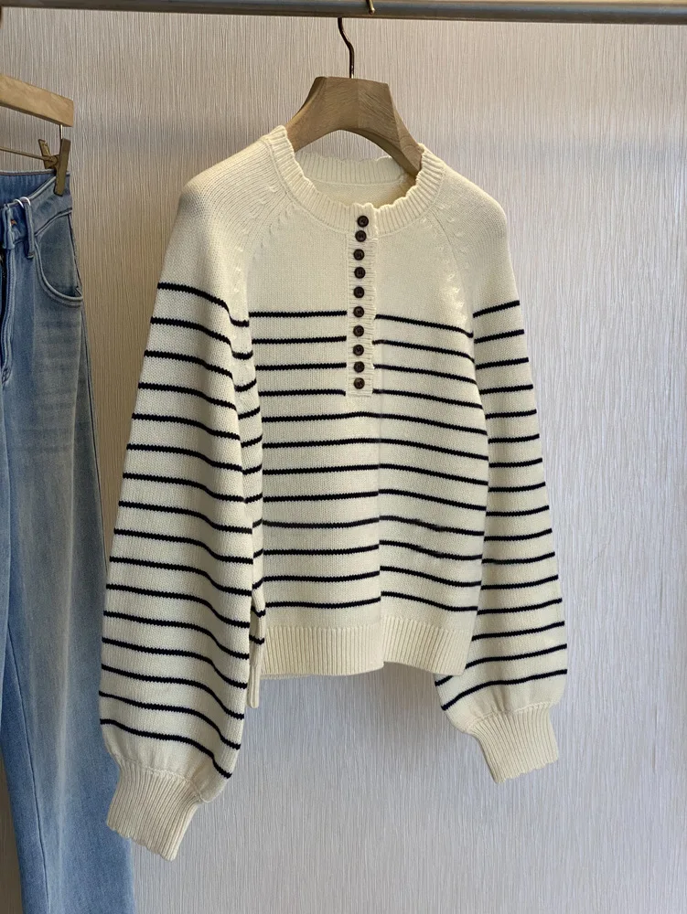 

Весенний повседневный вязаный шерстяной свитер в полоску с кружевным воротником Генри для женщин