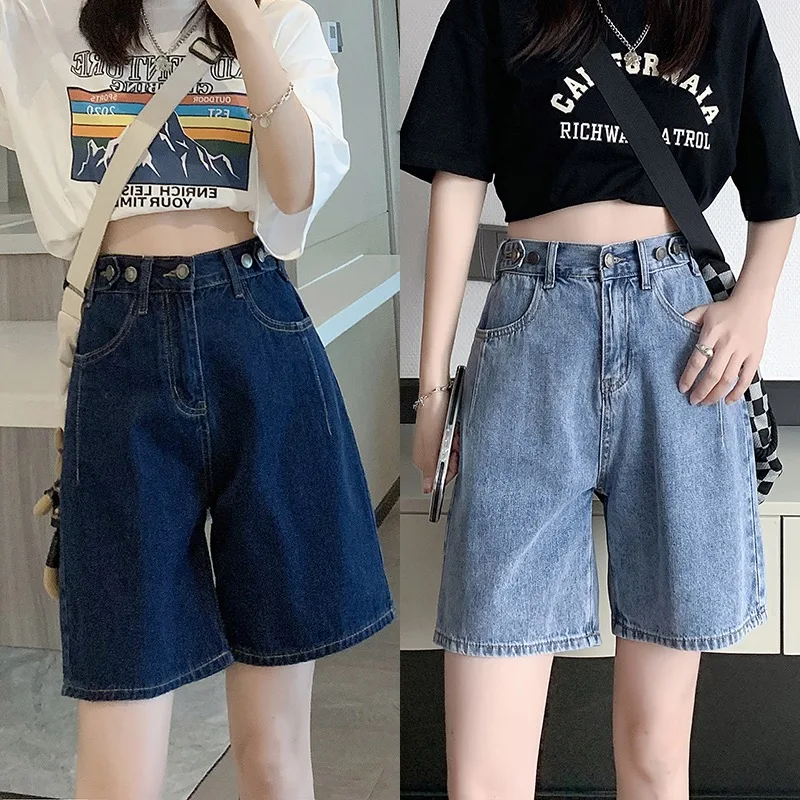 Pantalon ort en Denim bleu profond pour femmes, ample, cinq-quarts, taille haute, fermeture éclair, sensation de fraîcheur, Design de mode d'été