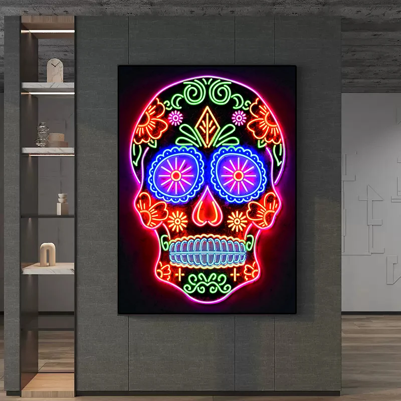 Abstract Neon Effect Colorful Skull Head Poster Canvas Painting Day of The Dead Pop Street Wall Art Picture for Bar Room Decor