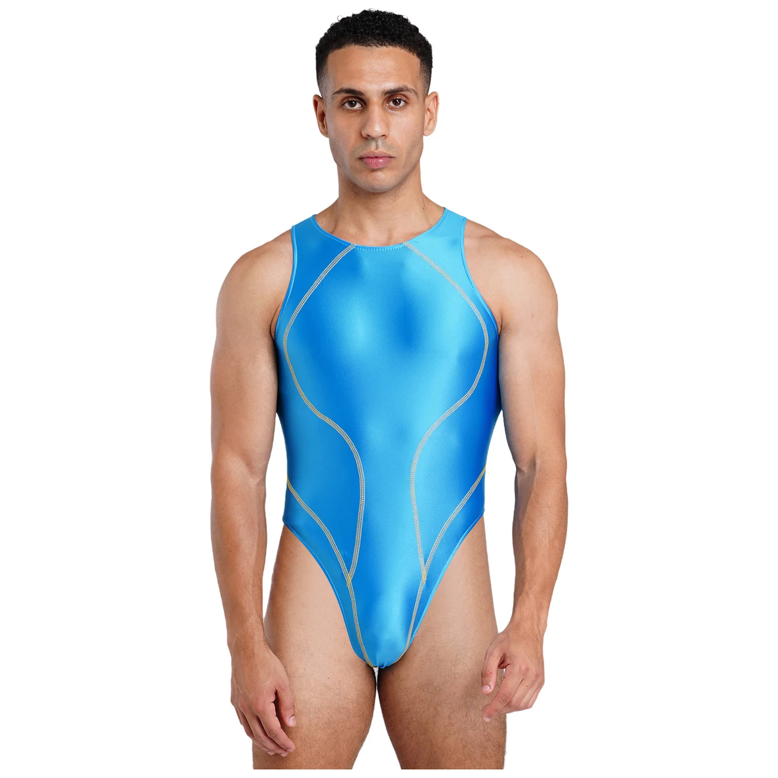 Herren-Lingerie Ölglänzender Einteiliger Badeanzug Farbblock-Nähte Ärmellos Hochgeschnittener Bodysuit Bademode – Detail 13