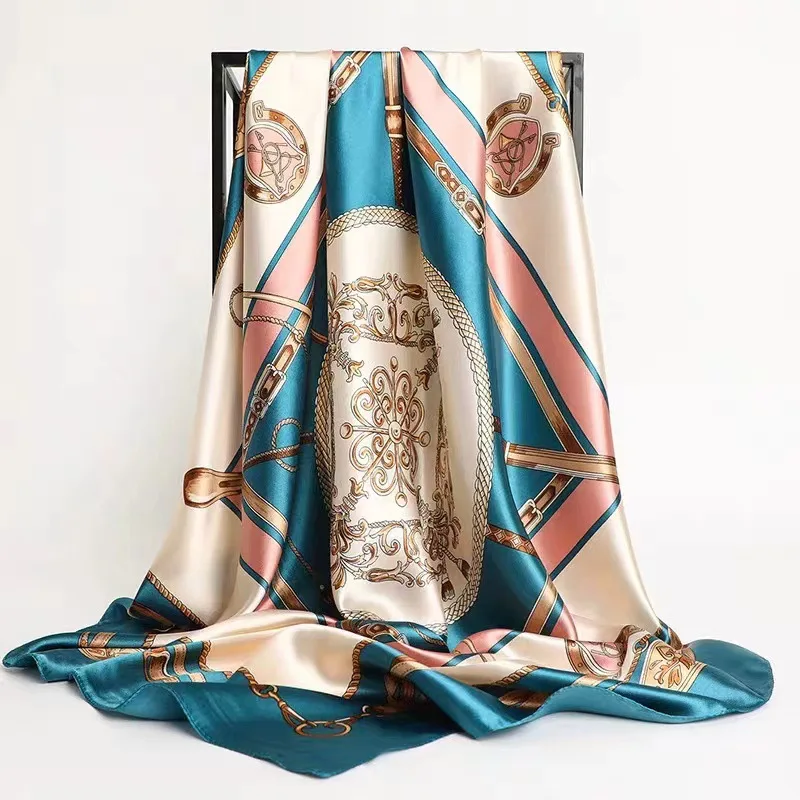 Pañuelos para el pelo, bufanda de seda de 90x90cm con estampado satinado, bufandas de seda cuadradas grandes, chales para mujer, diadema Hijab de diseñador de marca de lujo