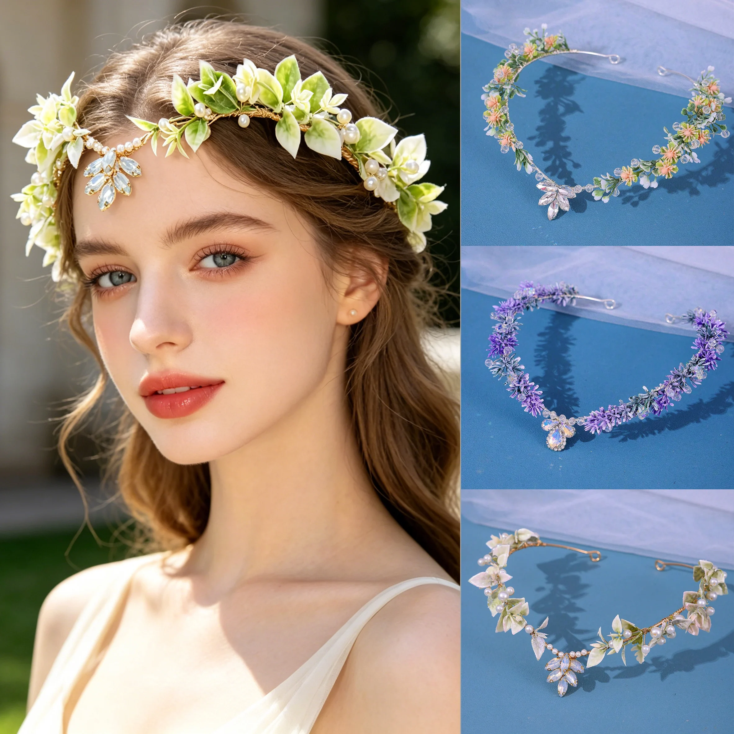 

Elegant Green Leaf Pearl Rhinestone Bridal Headband, Boho Floral Wedding Hair Crown for Bride Bridesmaid Prom Garden Party