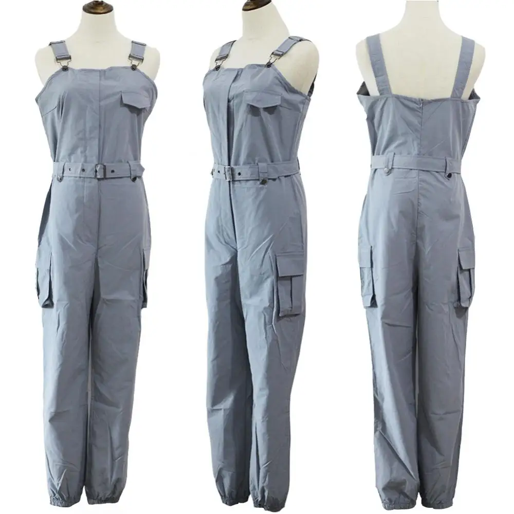 Jumpsuit Fashion jumpsuit keseluruhan saku tanpa lengan Jumpsuit wanita kantong Blet celana panjang terikat pergelangan kaki untuk wanita setelan lompat untuk wanita