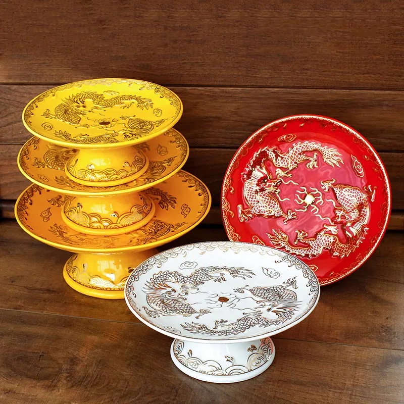 Lucky Feng Shui Dragon Plate Ceramic Dinner Plates Buddha Hall Enshrine Fruit Tray Porcelain Buddhist Supplies Lucky Pastry Dish