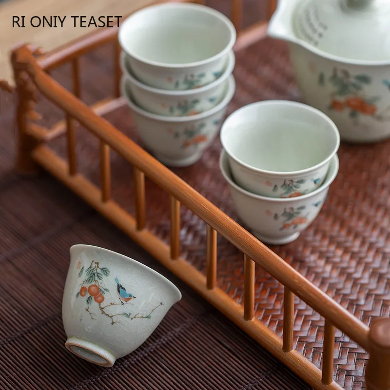 Retro Ceramic Teacup Portable Travel Meditation Cup Hand Painted Flower Pattern Tea Bowl Pu\'er Master Cup Tea Set Accessories