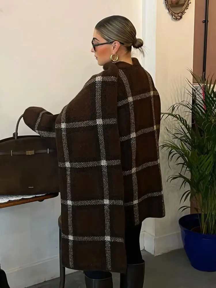 HH المرأة أنيقة منقوشة وشاح متماسكة طوق معطف فضفاض عادية كم طويل سترة مع جيوب 2025 الخريف الشتاء الدافئة أبلى #3