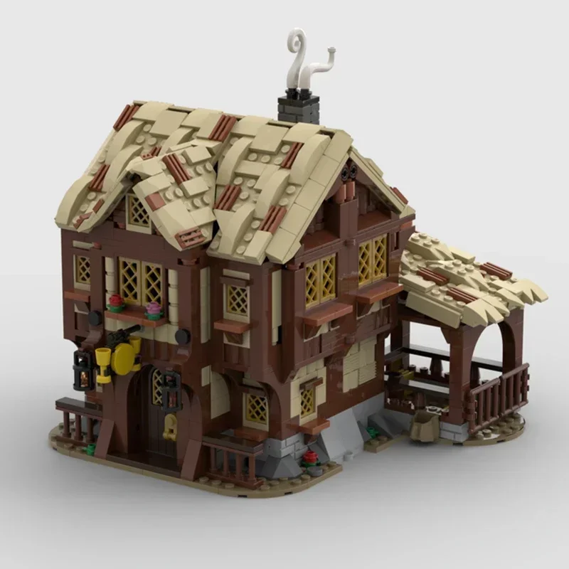 Medieval vista de rua modelo moc tijolos de construção aldeia taverna tecnologia blocos modulares presentes brinquedos natal diy conjuntos montagem