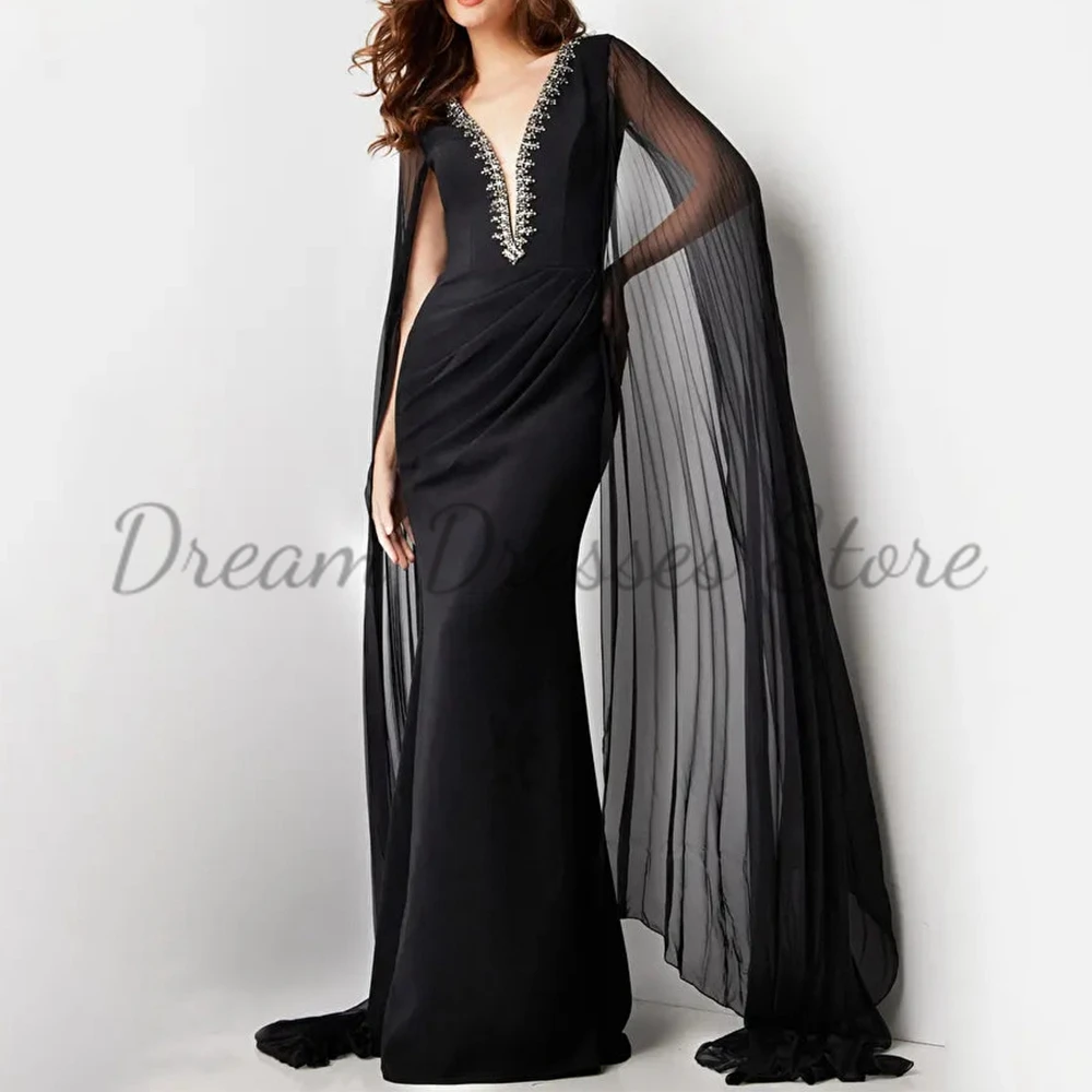 Elegant Mermaid Floor Length Evening Dress with Pleat and Applique Cloak Long Sleeves Ladies Delicate Wedding Party Gowns