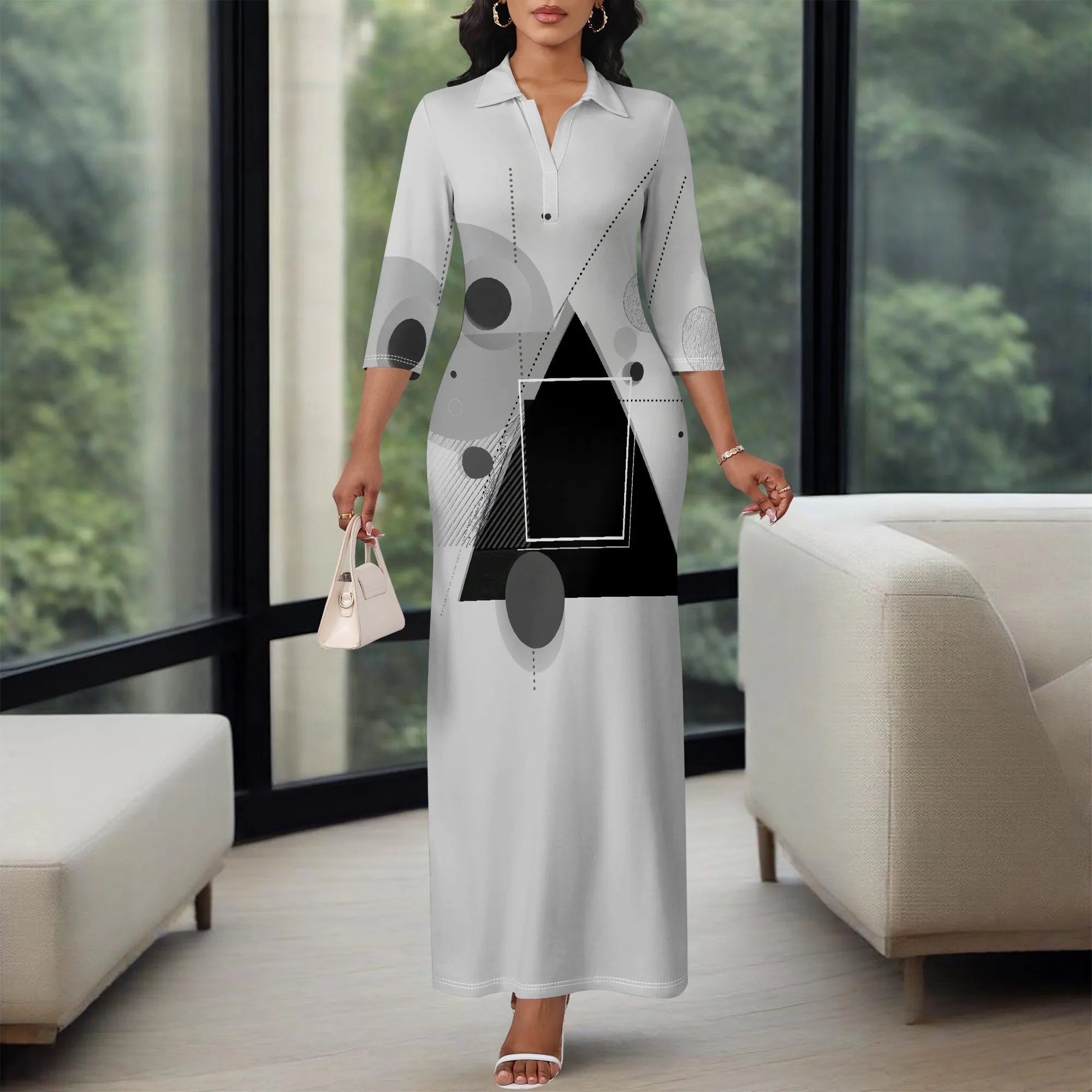 

Minimalist Geometric Maxi Shirt Dress XS-3XL 3/4 Sleeve Style for Museum Tour, Architecture Exhibit or Urban Chic Look