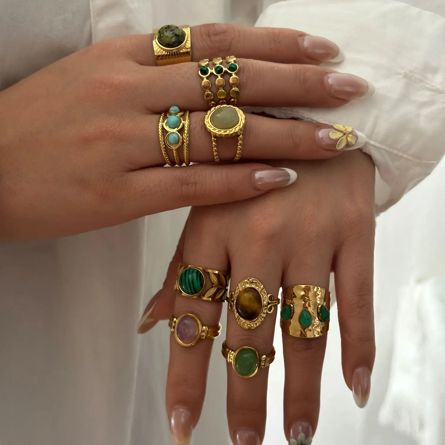 Vintage Naturstein Edelstahl-Ringe für Damen und Herren Trendige Vergoldete Hohle Geometrische Ringe Finger-Accessoires Schmuck – Detail 3