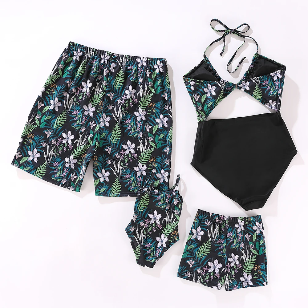 PatPat flower printing one-piece family pack new swimsuit deep v-neck joining together solid color summer