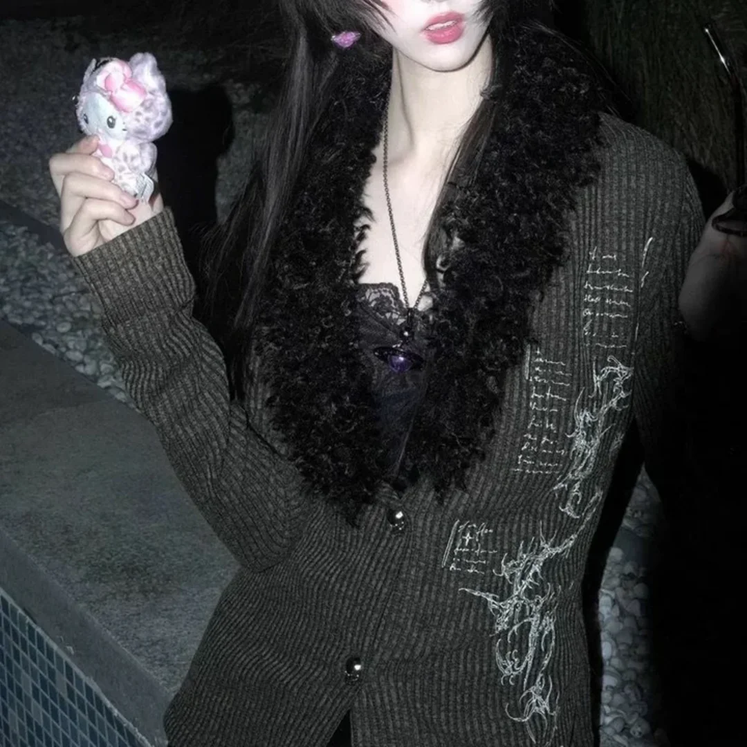 Autumn American subculture spicy girl street fur collar cardigan thin cut wasteland knitted jacket Y long sleeved top