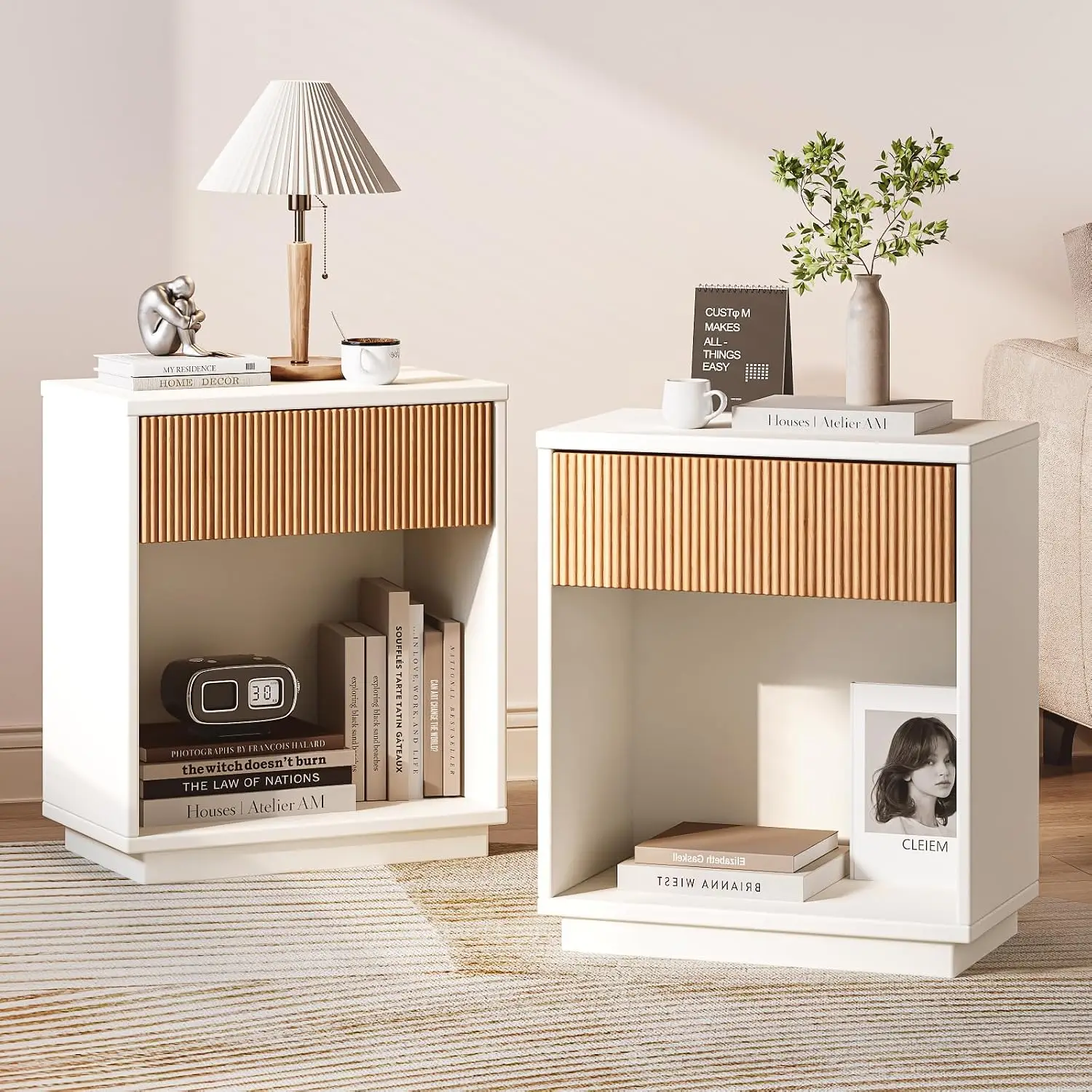 Nightstands Set of 2 with Drawer and Open Shelf, Wooden Bedside Tables for Bedroom and Living Room, Scratch-Resistant & Easy Assembly