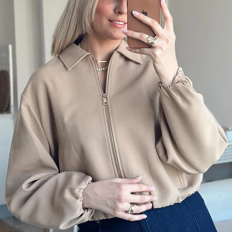 HXAO سترة نسائية كاكي المرأة الخريف سترة المرأة معطف قصير المرأة طويلة الأكمام المرأة ملابس خارجية المرأة الإناث #3