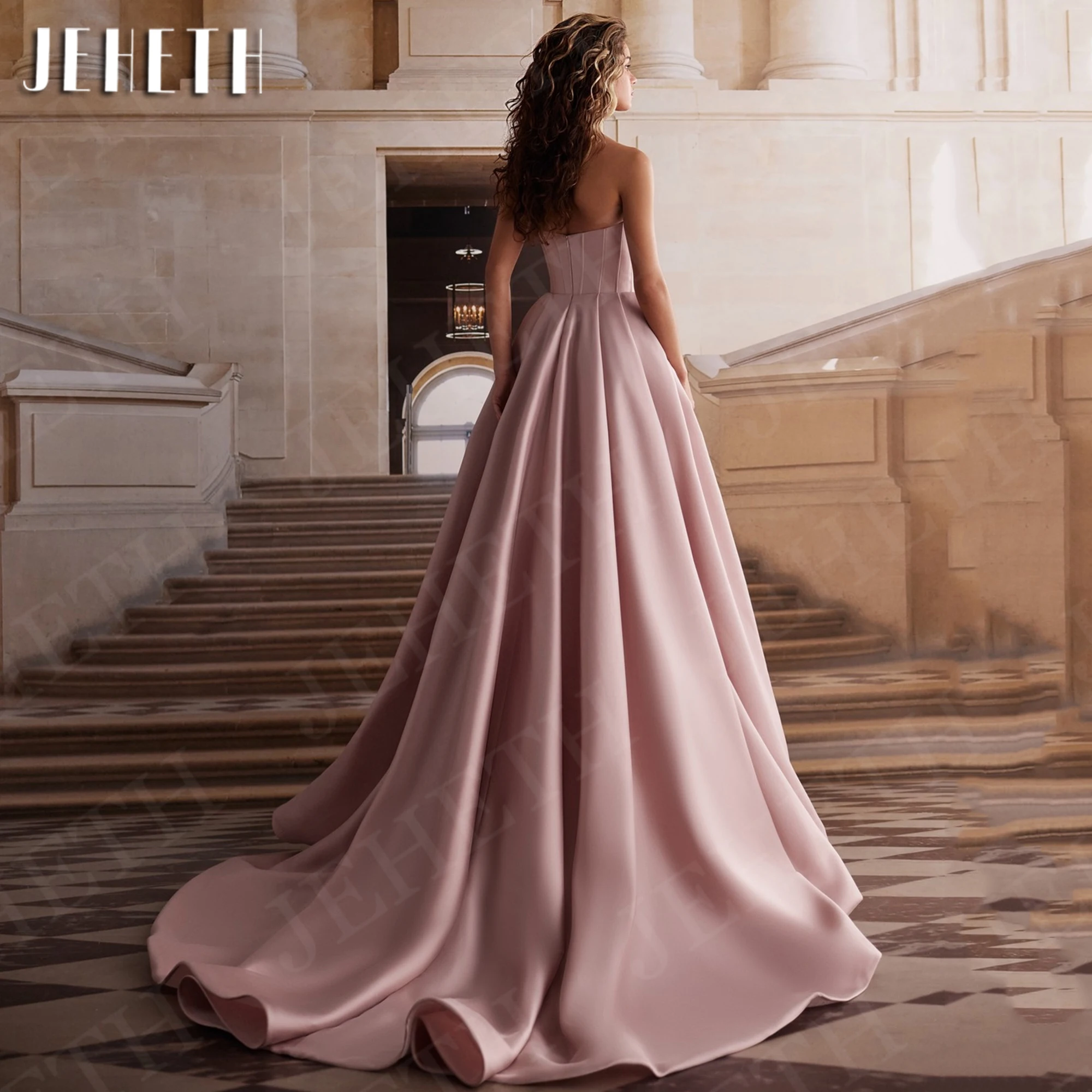 JEHETH Elegant Black Evening Dress A Line Satin Strapless Ceremony Dress Party Sweep Train Pockets Simple فساتين حفلة موسيقية