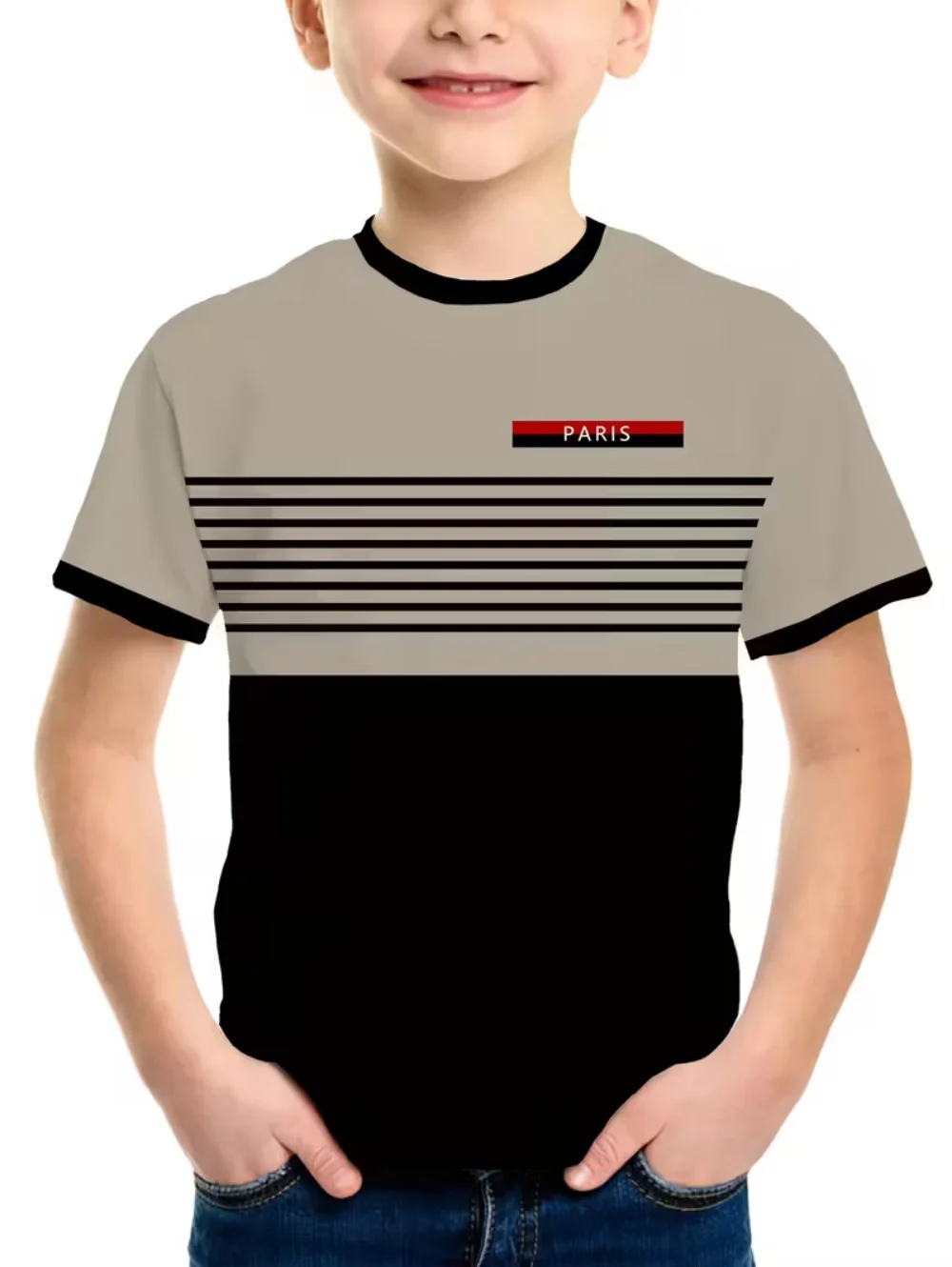 Boys' T-Shirt Simple Paris Letter Print Summer Short Sleeve Tees Loose Fashion Round Neck Tops Stripe Streetwear Kids Clothing
