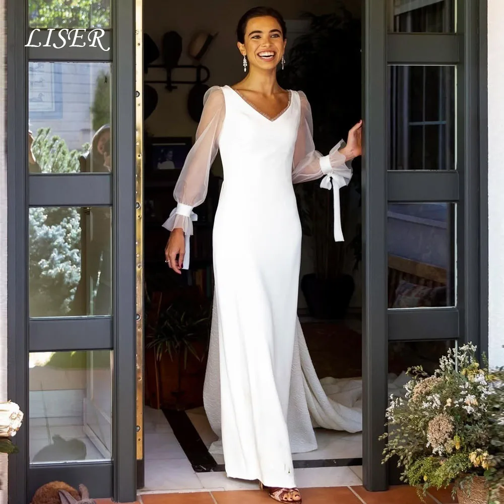 Liser Maßgeschneiderte 2026 Meerjungfrauen-Elegante Brautkleider mit langer Schleppe, V-Ausschnitt, langen Ärmeln für Damen – Robe De Mariée