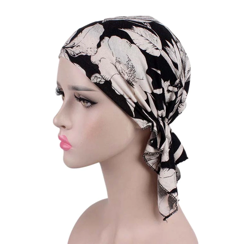 Boné de quimioterapia impresso pré-amarrado muçulmano para mulheres, turbante elástico, chapéu, lenço, lenço, bandanas de câncer, acessórios para cabelo, moda