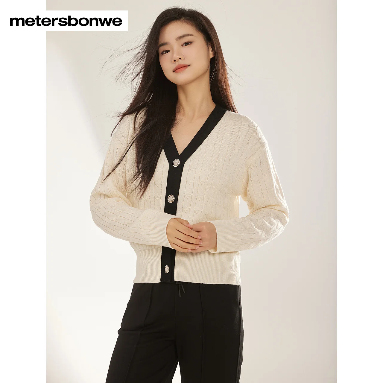 Metersbonwe-New Women\'s Knit V-Neck Cardigan Color Clash Short Sweater Commuter Office Lady Elegant Wear Autumn Winter