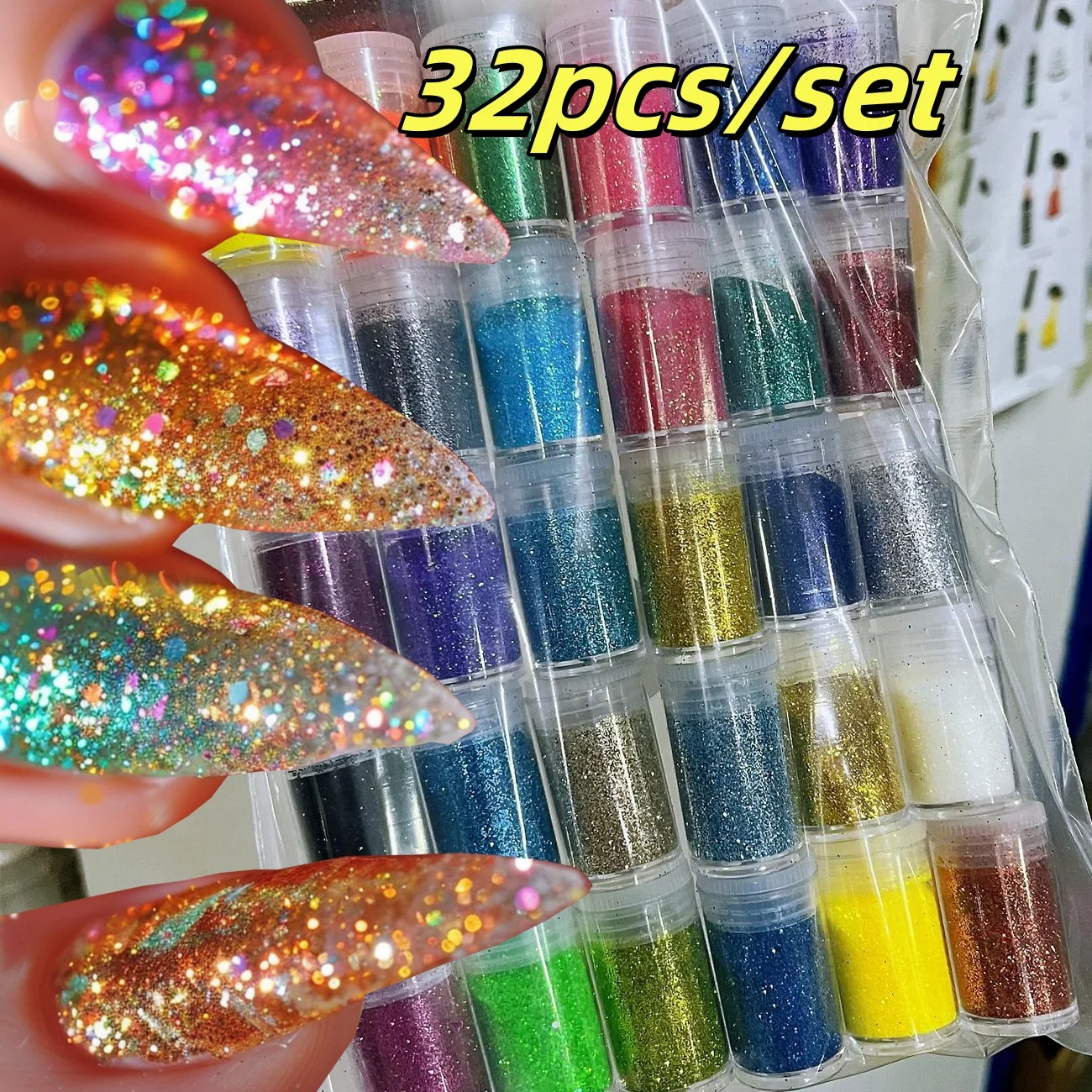 

32 Cans Fine Glitter Nail Powder Vibrant Multi-Color Art & Crafts Eye Shadow Makeup Nail Enhancement Paint Flash #32 Kinds Set *