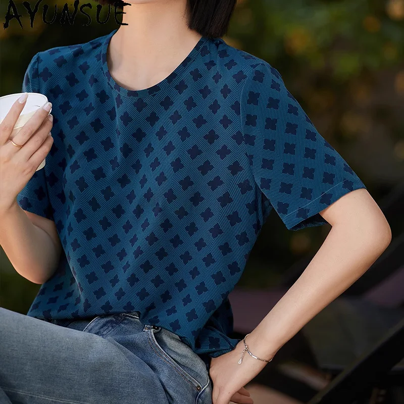 

AYUNSUE Женские футболки из 100% шелка тутового шелкопряда, топы с короткими рукавами для женщин, удобная футболка, летняя одежда для женщин, топ женский