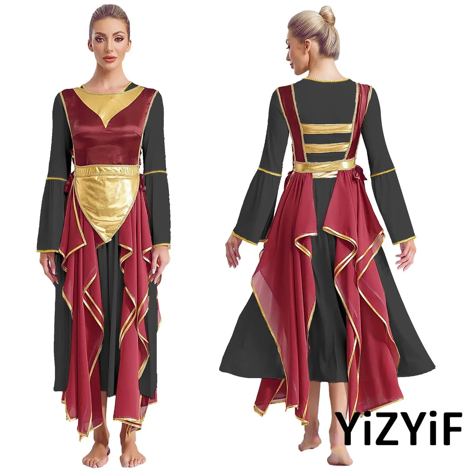 

Halloween Women Retro Greek Roleplay Dress Set Long Sleeve Gold Trim Patchwork Sides Split Lace-up Tunic Worship Praise Dance