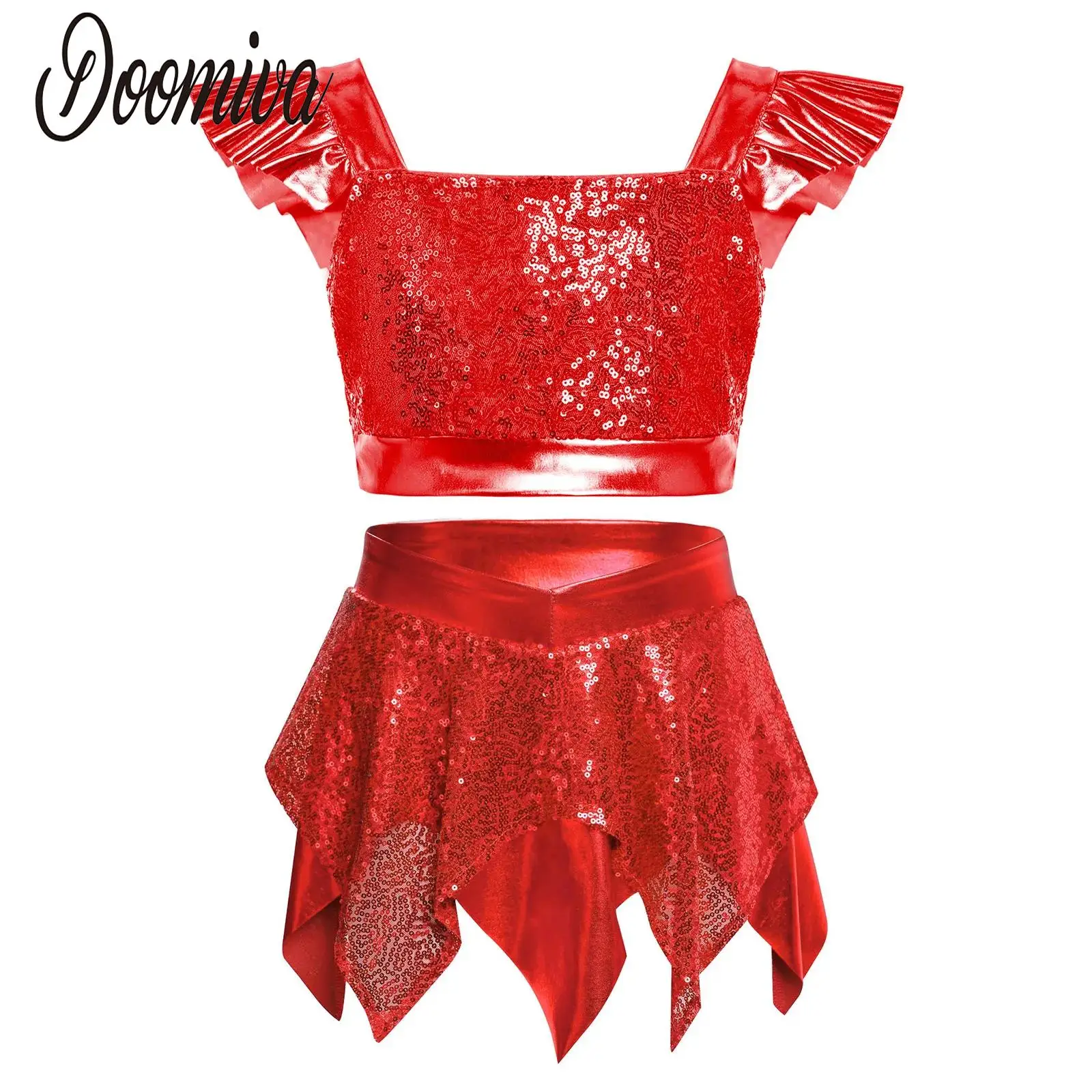 

Детский костюм для джазовых танцев для девочек: комплект для современных танцев и чирлидинга с рюшами на рукавах, металлическим укороченным топом с пайетками и юбкой с пайетками