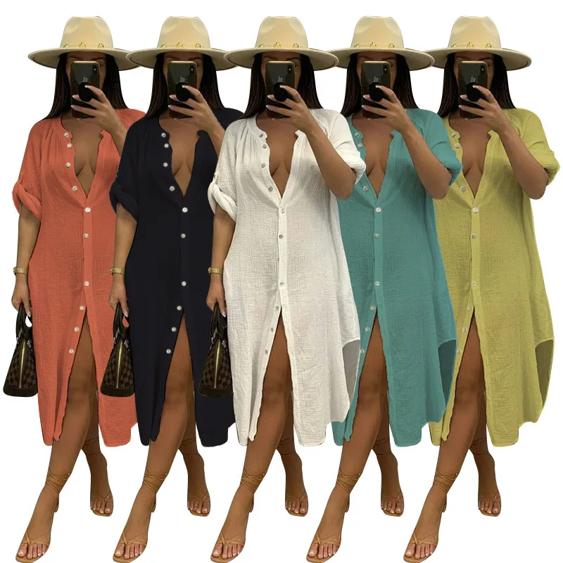 Swimming Dress For Woman Beach Outing Bikini Tunic Cover Ups Set Summer Kaftan Shirt Sexy Casual New Polyester Saida De Praia